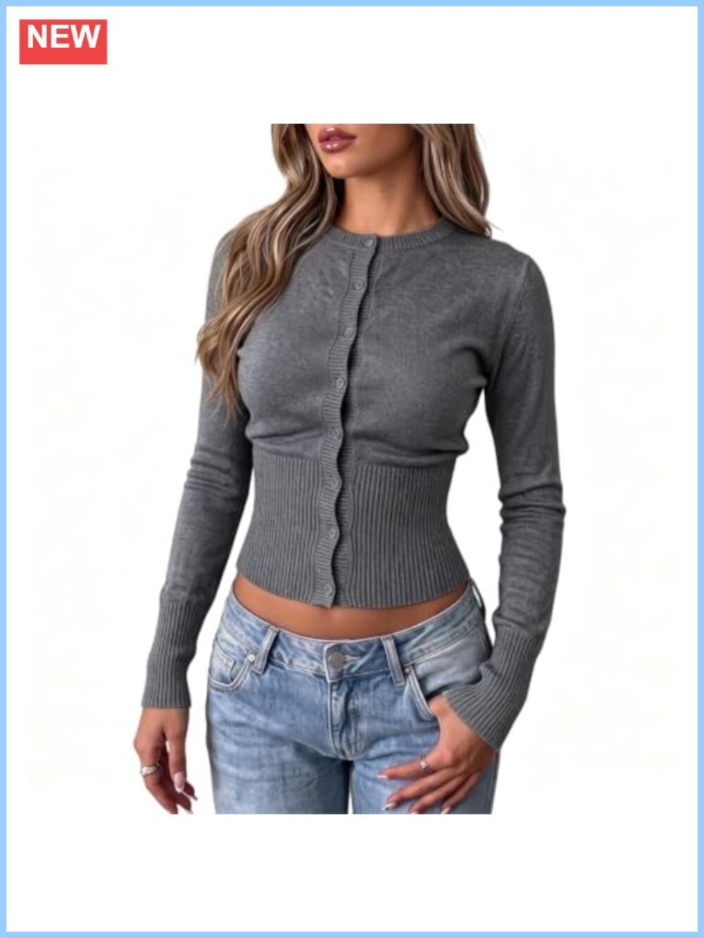Women Ribbed Knit Cropped Cardigan Button Down Crew Neck Slim Fit Y2K Sweater